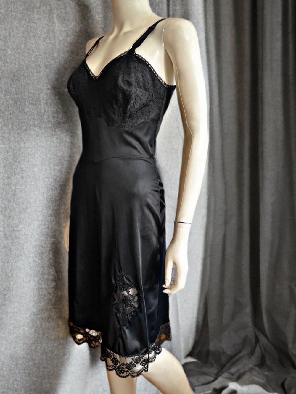 Vintage Laros Black Nylon Slipdress with Lace Bodice and Trim
